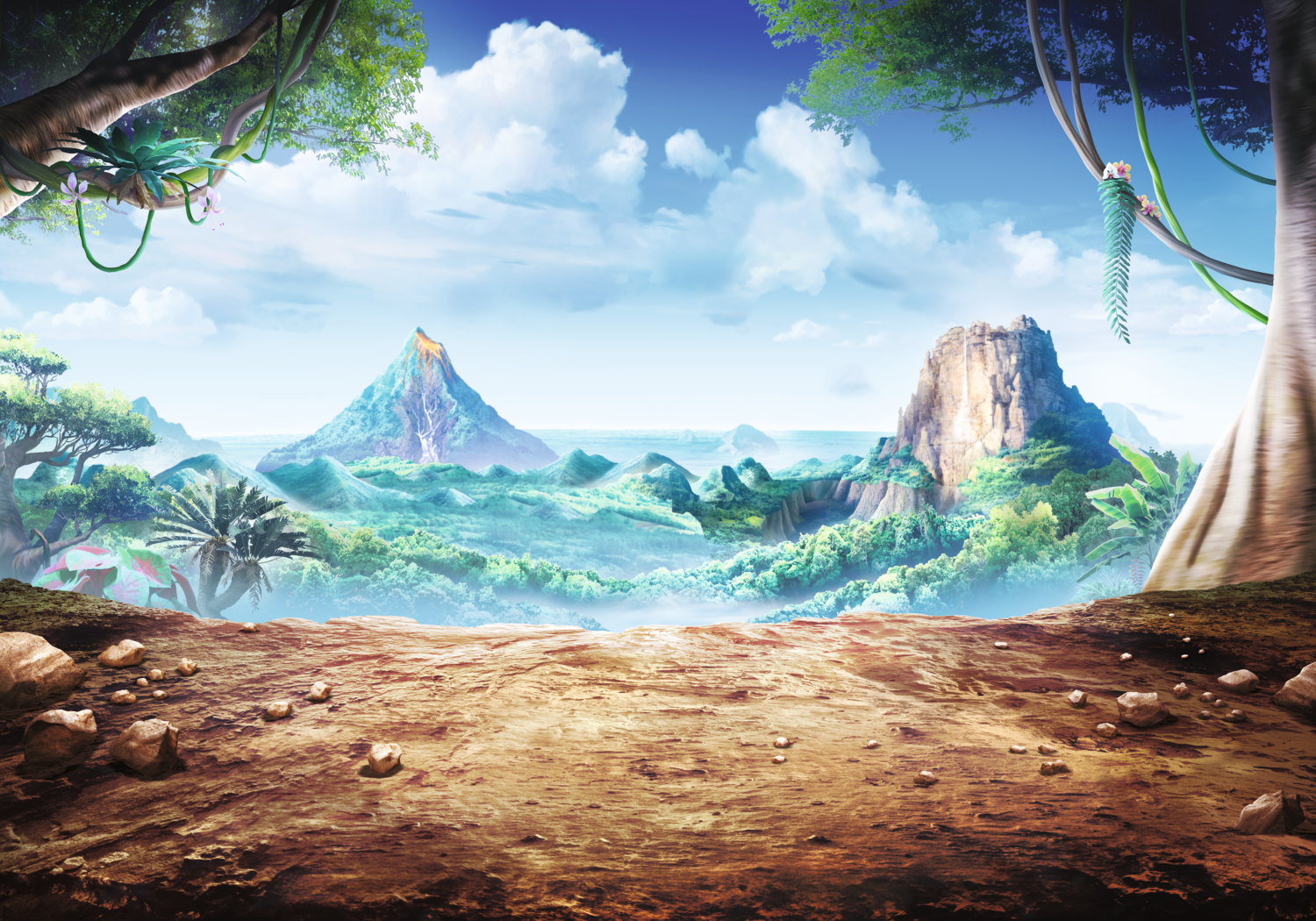 Lush tropical landscape with an erupting volcano and mountains under a cloudy blue sky.