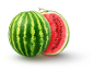 Whole watermelon and half a watermelon with red flesh and black seeds.