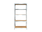 Metal shelving unit with five wooden shelves on a black background.