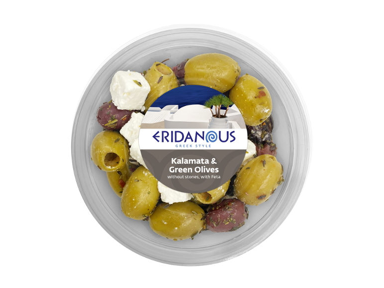 Kalamata and green pitted olives with feta, Greek style