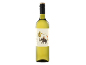 White wine bottle with an illustrated label of an elephant, two people, and grapes.