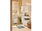 Bathroom furniture set in white with dark blue details, including cabinets and a washbasin.