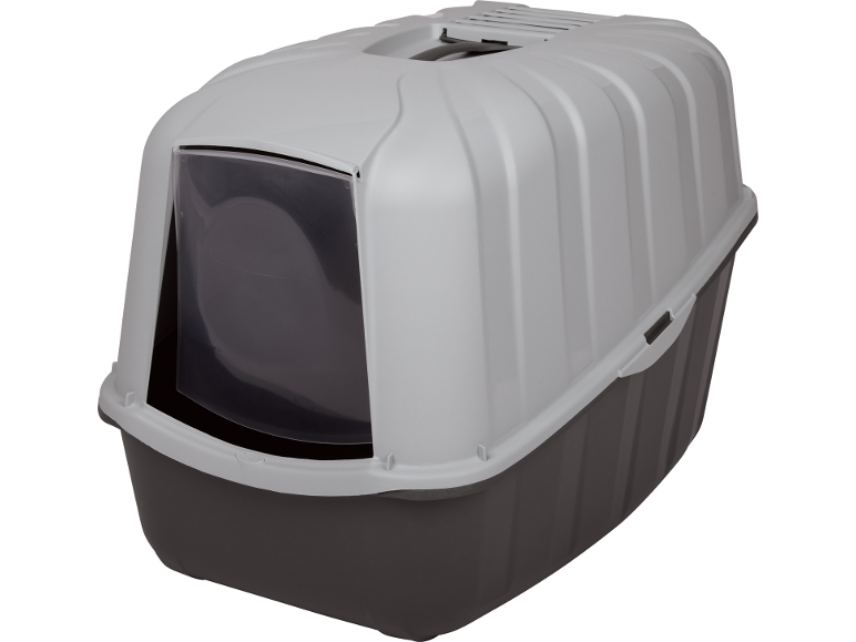 Light grey and dark grey covered cat litter box with a transparent swing door.