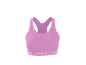 Pink sports bra with a white striped design on the bottom band.