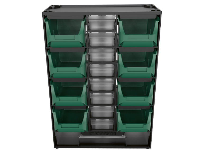 Storage organizer with green and clear drawers on a black background.