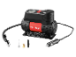 Portable air compressor with a pressure gauge, power cable, and various nozzles.