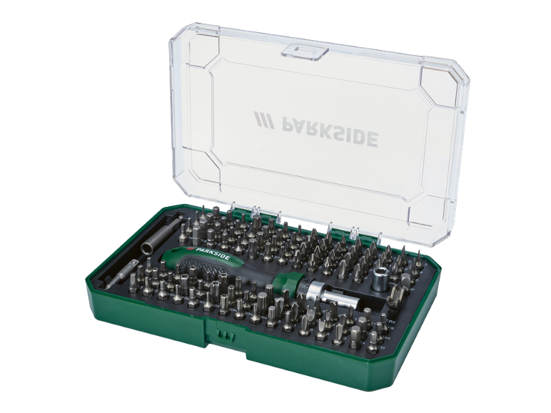 Screwdriver and bit set in a green box with a handle and various bits.