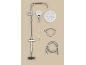 Shower set with chrome bar, hand shower, overhead shower, and hoses.