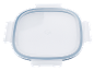 Transparent square food storage container lid with a grey seal and white clasps.