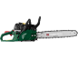 Green chainsaw with black and red accents, featuring a chain and guide bar.