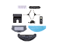 Robot vacuum cleaner accessories: docking station, remote, brushes, filters, mop cloth.