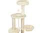 Beige cat tree with plush platforms, scratching posts, and a hanging toy.