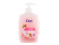 Pink liquid soap dispenser, almond, hydrates the skin.