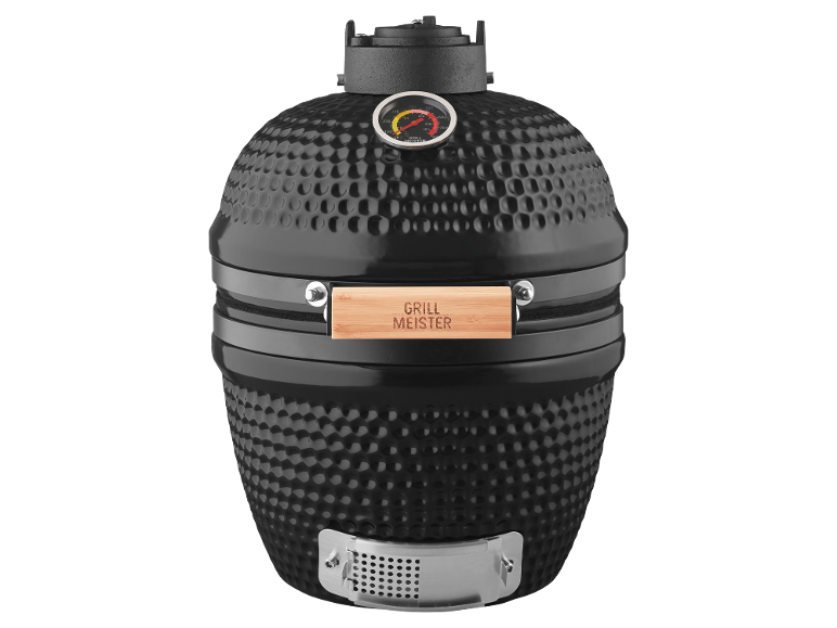 Black ceramic kamado grill with embossed texture, integrated thermometer, and wooden handle.