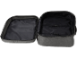 Interior of an open travel backpack with compartments and fastening straps