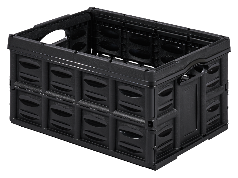 Black collapsible storage crate with ventilation holes.