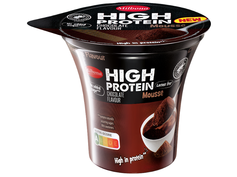 High protein chocolate mousse cup with no added sugar and lactose-free