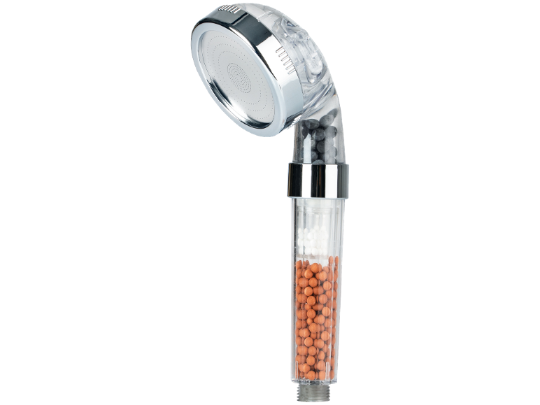 Shower head with a transparent handle filled with filtering granules