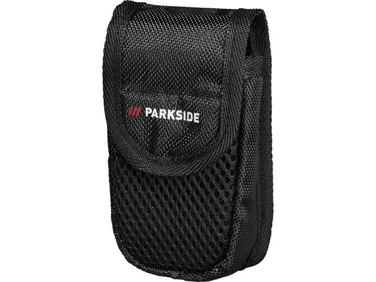 Black textile pouch with a mesh pocket and white lettering on the flap.