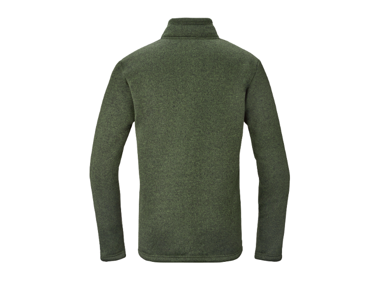 Men's khaki fleece jacket with stand-up collar, back view