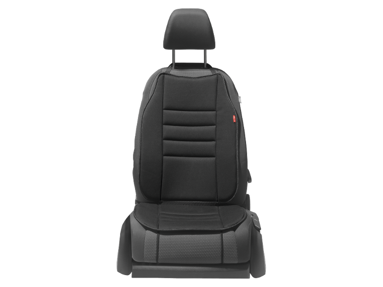 Black car seat cover with headrest and ribbed backrest.