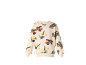 Kids' cream sweatshirt with a colorful construction vehicle pattern, including dump trucks and excavators.