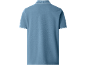 Men's blue short-sleeved polo shirt with white stripes on collar and sleeves, back view.
