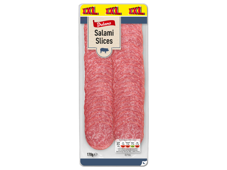 XXL salami slices in a package, with nutritional information and a pig icon.