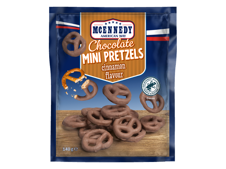 Chocolate mini pretzels with cinnamon flavour, 140g