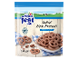 Bag of salted milk chocolate mini pretzels, with an alpine landscape in the background.