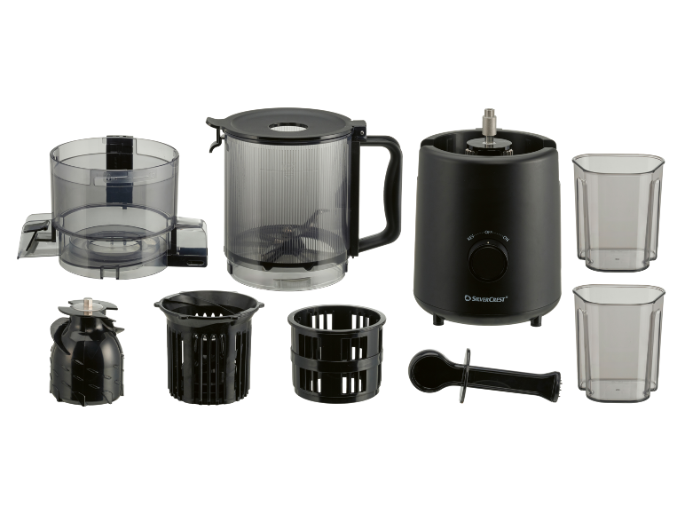 Food processor with various attachments, including a blender jug, grinder, and two cups.