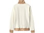 White long-sleeved sweatshirt with beige collar and cuffs featuring gold stripes.