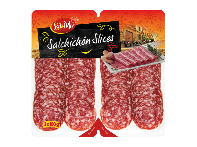 Packaging of salchichón slices 2x100g, with a Spanish city landscape background.
