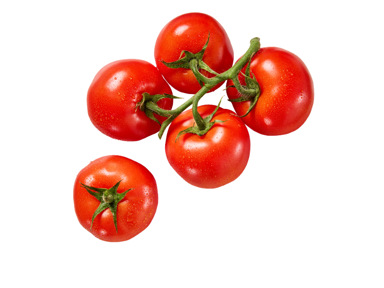 Five ripe red tomatoes with water droplets on a green vine.