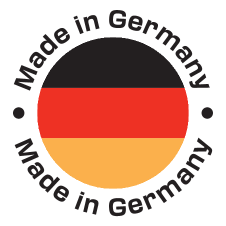 Round seal with the German flag and the text 'Made in Germany'.