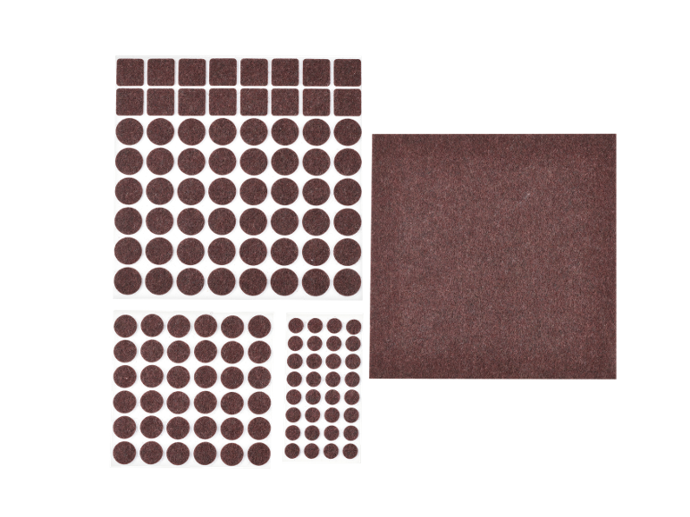 Brown felt furniture protectors in various shapes and sizes.