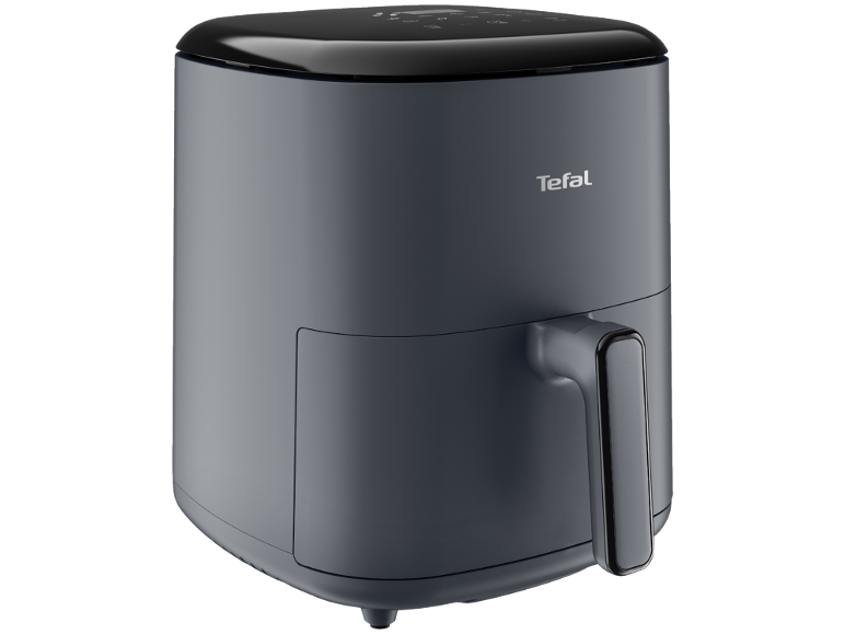 Dark grey air fryer with a black handle and a digital control panel.