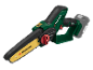 Cordless mini chainsaw with battery, green and black, with a yellow blade