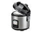 Stainless steel rice cooker with open lid and steaming rice