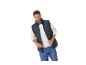 Man in black quilted vest, white long-sleeve shirt, and blue jeans.