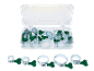 Set of hose clamps with green handles in a clear organizer, plus several separate clamps.