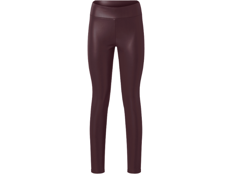 Burgundy faux leather leggings with a high waist.