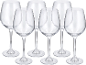 Six clear wine glasses with long stems and wide bowls on a black background.