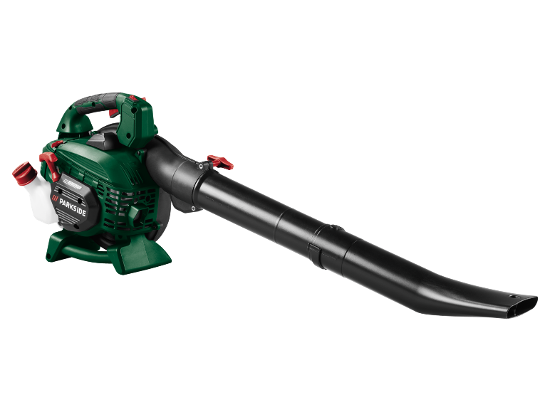 Green and black petrol leaf blower with a white fuel tank.