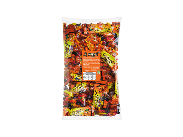 Halloween mix of cola-lemon lollipops and fruit-flavored hard candies in a clear bag.