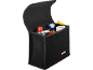 Black car storage box with cleaning products and paper.