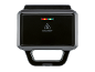 Black sandwich maker with heat and ready indicators, and hot surface symbol.