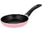 Pink frying pan with a black non-stick interior and a black handle.