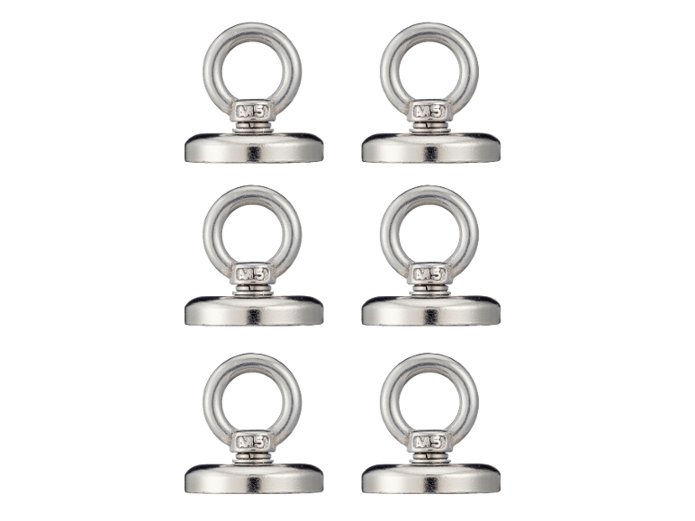 Six silver magnetic hooks with eyelets, arranged in two columns.