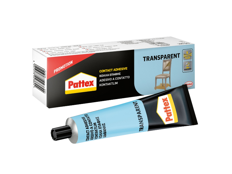 Transparent contact adhesive in a tube and box, with 'PROMOTION' text and flexibility icons.